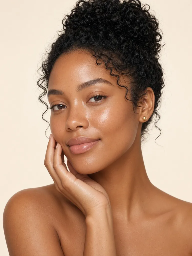 Illustration of a woman with warm brown, dewy skin and curly hair in a high bun, resting a hand on her cheek