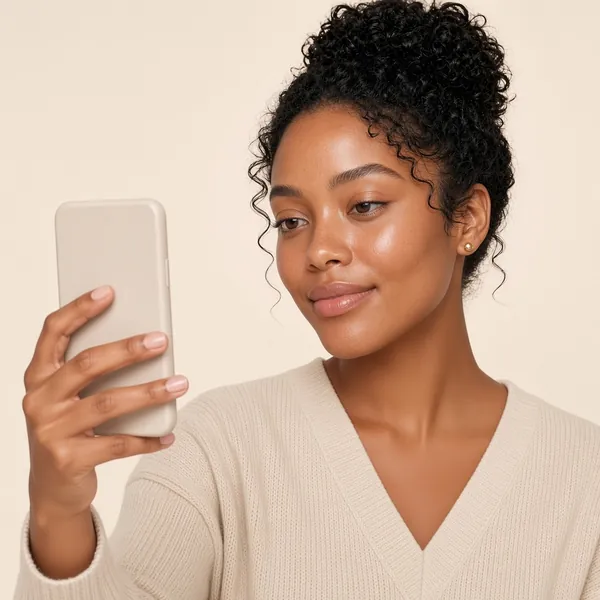 The same woman holding a cream phone at arm's length, taking a selfie