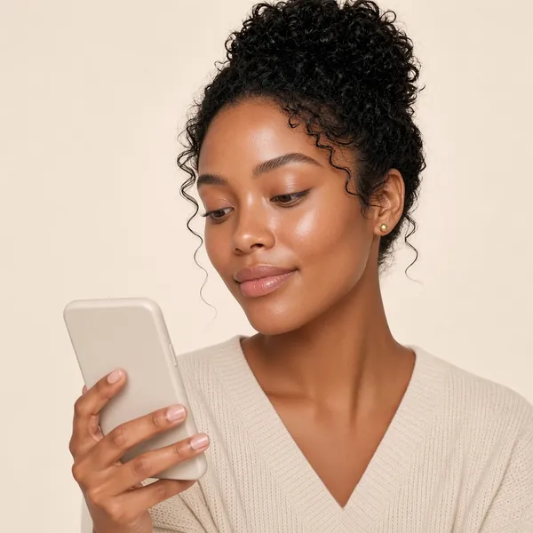 She looks thoughtfully at her phone, checking her skin progress