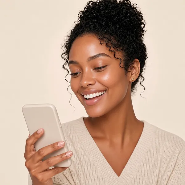 She smiles with delight at her phone after seeing her verdict